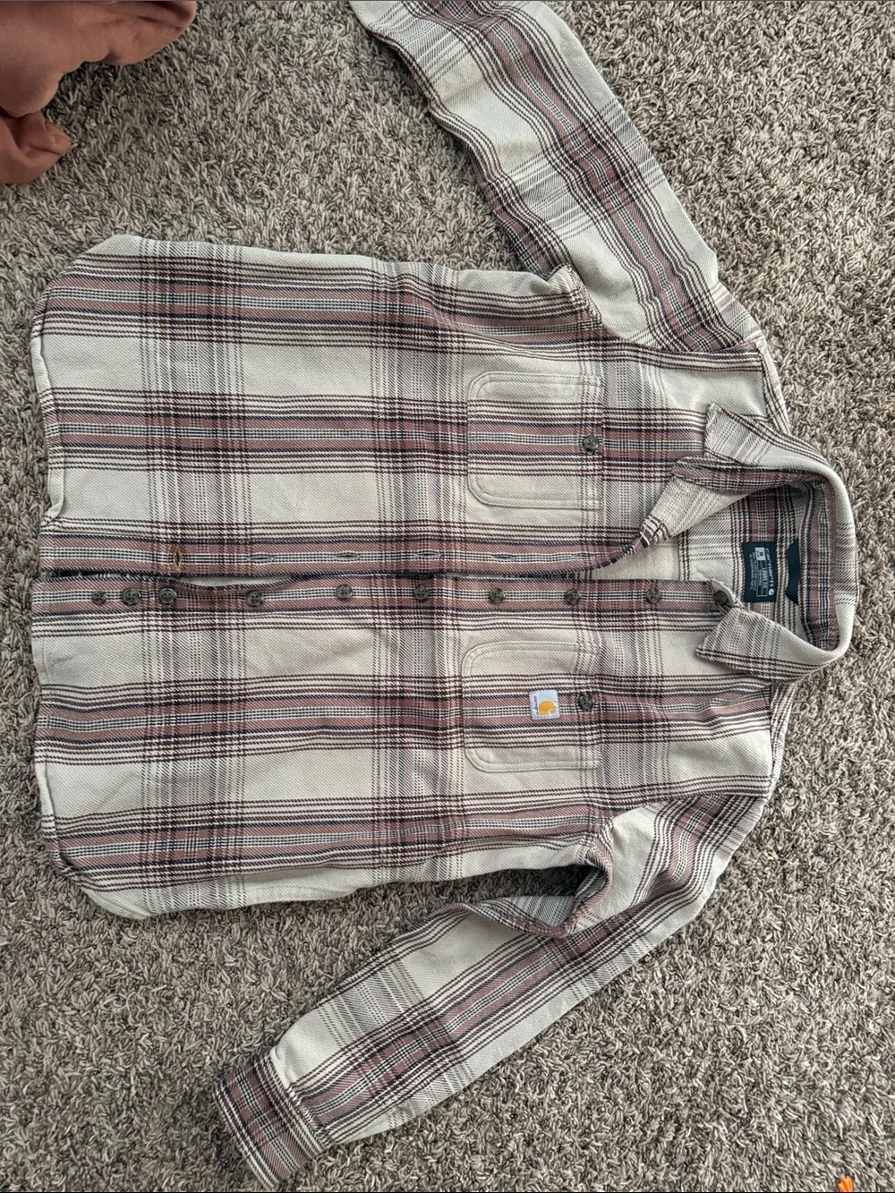 LIKE NEW ! Carhartt Wms Cream Plaid Button-Front Work Shirt with Brown Stripes